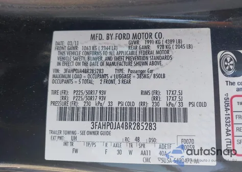 2011 Ford Fusion Sel from USA, damaged, VIN 3FAHP0JA4BR285283